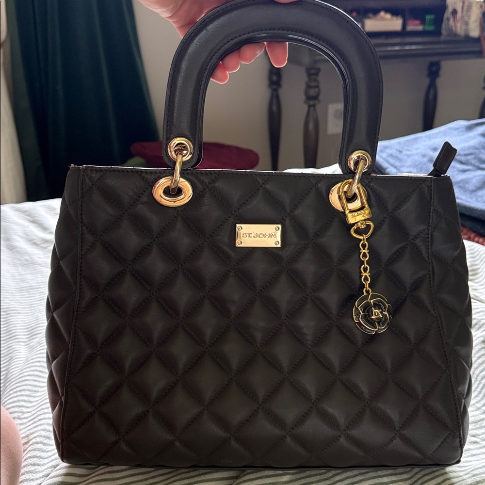 St. John Quilted Dark Brown Satchel with Gold Hardware